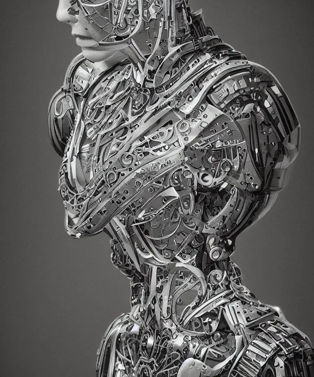 Image similar to a woman turning into an android, portrait, wearing aa cybernetic body, surrealism, intricate detail, ornate armor