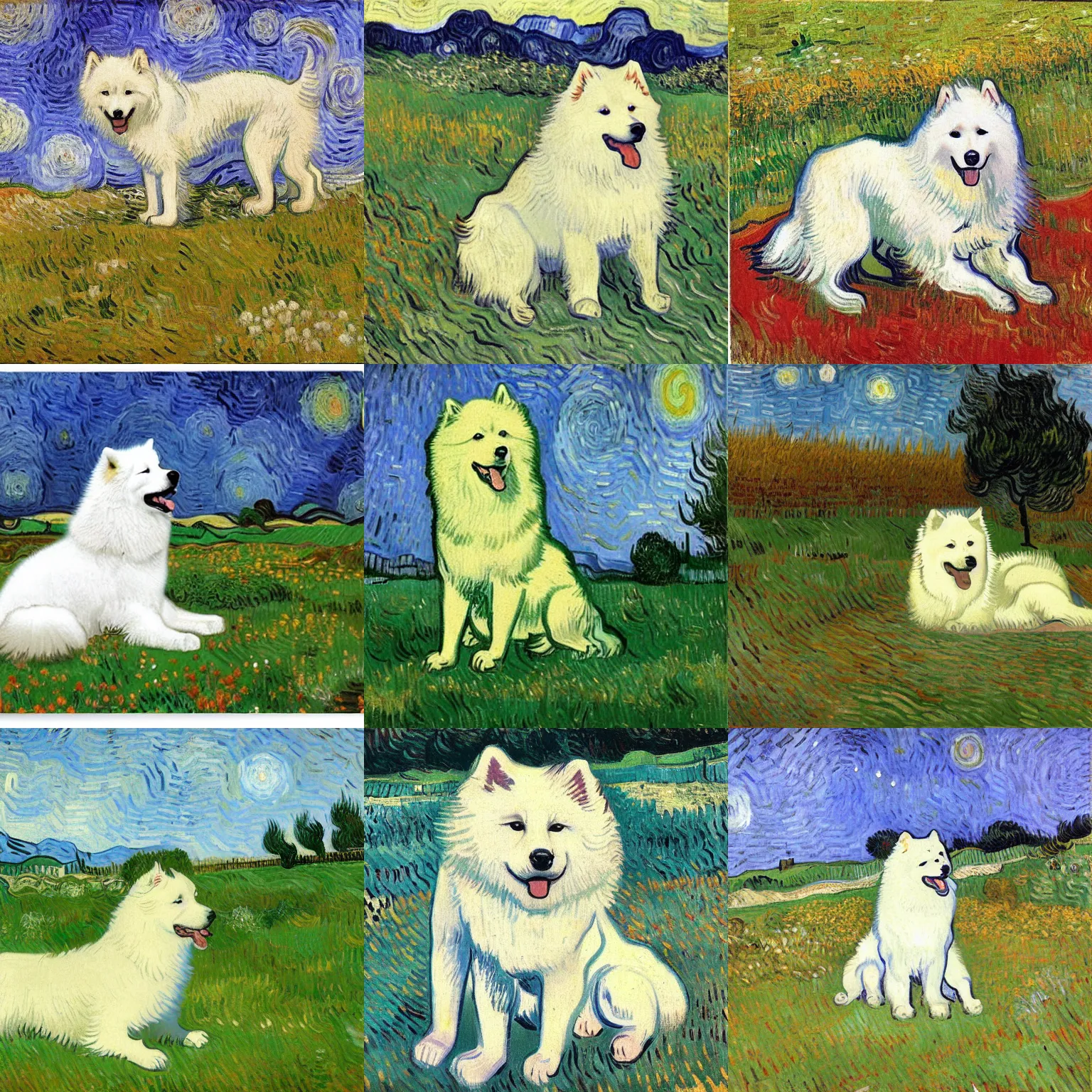 Prompt: a samoyed dog sitting in the middle of sunny meadow, by vincent van gogh