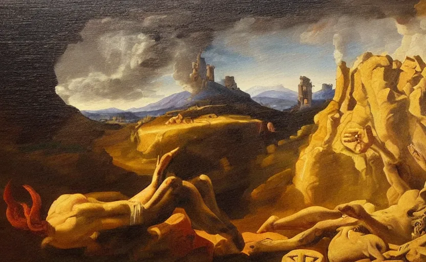 Image similar to an oil painting door with intricate occult symbols, tomb in the midground, hills in the background, inspired by nicolas poussin, inspired by guercino, in the style of french baroque, insanely detailed, mysterious mood, horror elements, fantasy