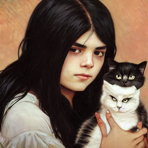 Image similar to emo mexican girl and her cat, with long dark hair, thick eyebrows!!! deep dark big shiny eyes and dark circles!, wide nose!!!, oval face shape, big cheeks! by juan villafuerte, greg rutkowski and alphonse mucha, pexels contest winner, high quality photo, rtx, hd