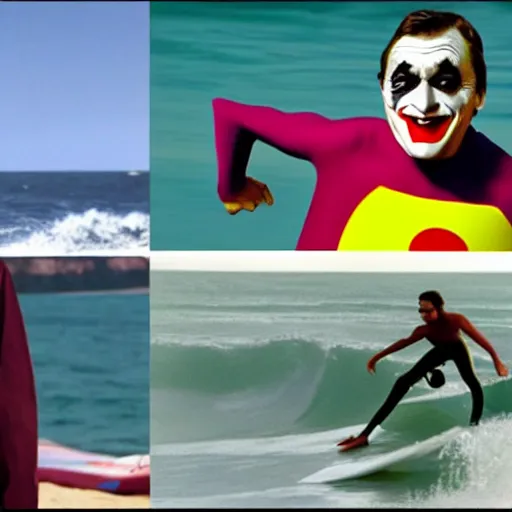 Image similar to surfing bill gates as mr. bean as the joker from batman, surfing still from batman vs bean at the beach, 2 0 2 0