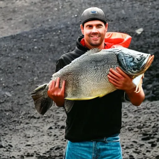 Prompt: a person holding a large fish over his head in a volcano