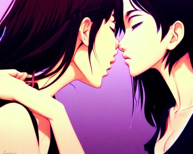 Image similar to two girls kissing | very very anime!!!, fine - face, audrey plaza, realistic shaded perfect face, fine details. anime. realistic shaded lighting poster by ilya kuvshinov katsuhiro otomo ghost - in - the - shell, magali villeneuve, artgerm, jeremy lipkin and michael garmash and rob rey