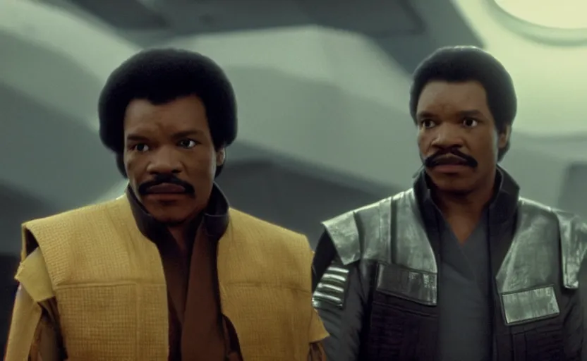 Prompt: cinematic still image wide shot screenshot portrait of lando calrissian / meeting and looking up to luke skywalker, scene from 1 9 8 0 s crisp 4 k 7 0 mm imax, moody iconic scene, octane render, beautiful backlit, planet