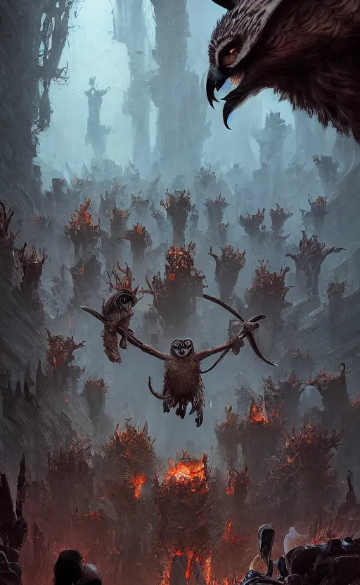 Image similar to the owl people are running away from the burning village, symmetrical face features, front game card, drark, marvel comics, dark, intricate, highly detailed, smooth, artstation, digital illustration by ruan jia and mandy jurgens and artgerm and wayne barlowe and greg rutkowski and zdislav beksinski