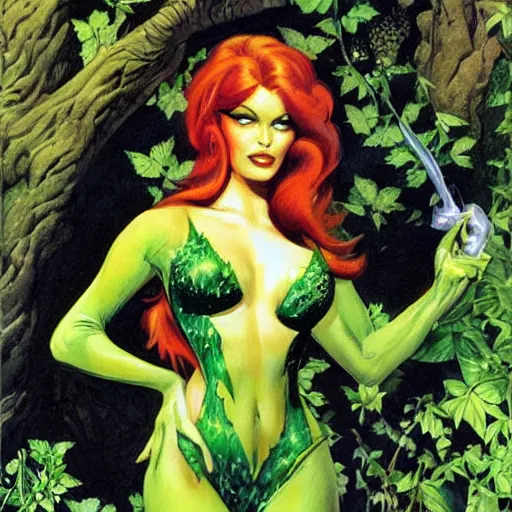 Image similar to poison ivy from batman, painting by Boris Vallejo