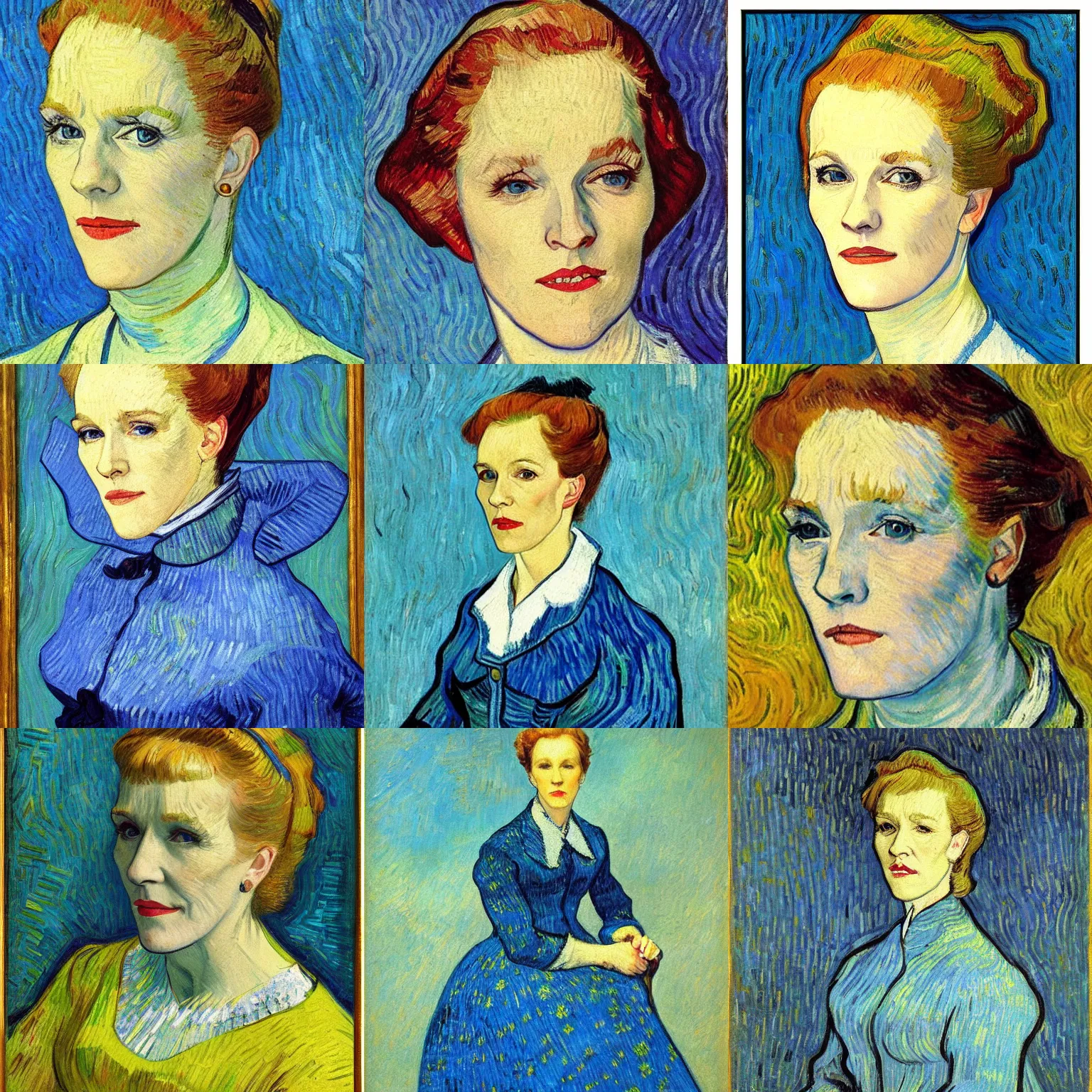 Prompt: detailed portrait of julie andrews, thick blue strokes, painted by vincent van gogh, oil on canvas, 1 8 8 9.