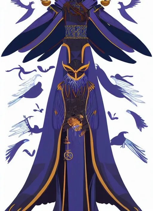 Image similar to hawk and raven headed warlock, wind magic, blue robes, exquisite details, full body character design on a white background, by studio muti
