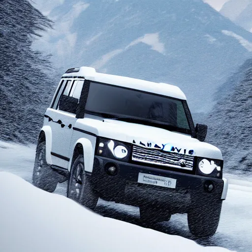 Prompt: a landrover crossing the alps while its snowing, digital art, artstation, photgraphy