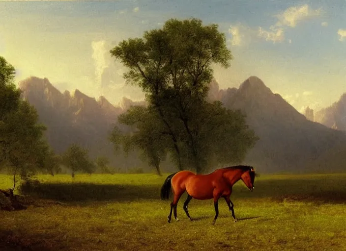 Image similar to painting of a horse on a field in front of beautiful mountains by albert bierstadt