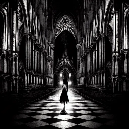 Prompt: a beautiful gothic girl inside a dark gothic cathedral illuminated by candles, impressive scene. grainy and rough. black and white colour scheme. beautiful artistic detailed digital art