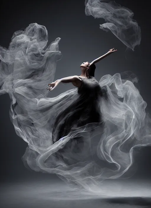 Image similar to a Photorealistic dramatic hyperrealistic render of a beautiful Female smoke dancer by Ken Brower and Deborah Ory of NYC Dance project,Lois Greenfield,Flowing cloth and smoke,Beautiful dynamic dramatic dark moody lighting,volumetric,shadows,cinematic atmosphere,Octane render,8K