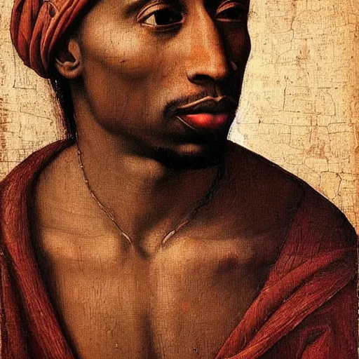 Image similar to A Renaissance portrait painting of Tupac Shakur by Giovanni Bellini and Leonardo da Vinci. Tupac