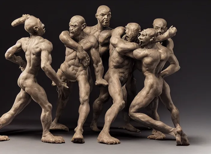 Image similar to a full figure rubber sculpture of a group of fighting goblins, by Michelangelo, dramatic lighting, rough texture, subsurface scattering, wide angle lens