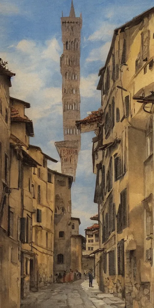 Image similar to florence old street in 1 6 th century with a tower in background by hiroshi yoshida, trending on artstation