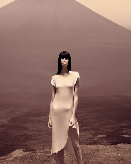 Image similar to high fashion photography of an elegant chic young woman model with cropped bangs and long straight hair, she is wearing a minimalist simple dress, intense expression, at the edge of an active volcano caldera spewing magma, by Steven Meisel and Chris Cunningham