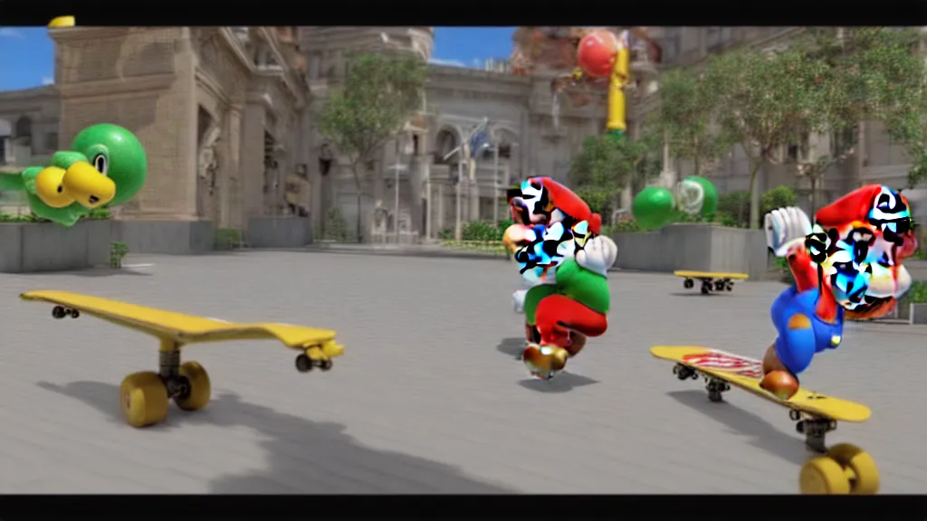 Image similar to super mario skateboarding, 3d render, video game screenshot, global illumination, ray tracing, hdr