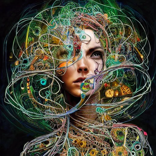 Prompt: beautifully stunning biopunk woman_integrating_with_technology_full_face_insipiring_detailed_intricate_ornate_cables_connected_to_head_big_open_electric_eyes_ the_singulairty is now by android jones