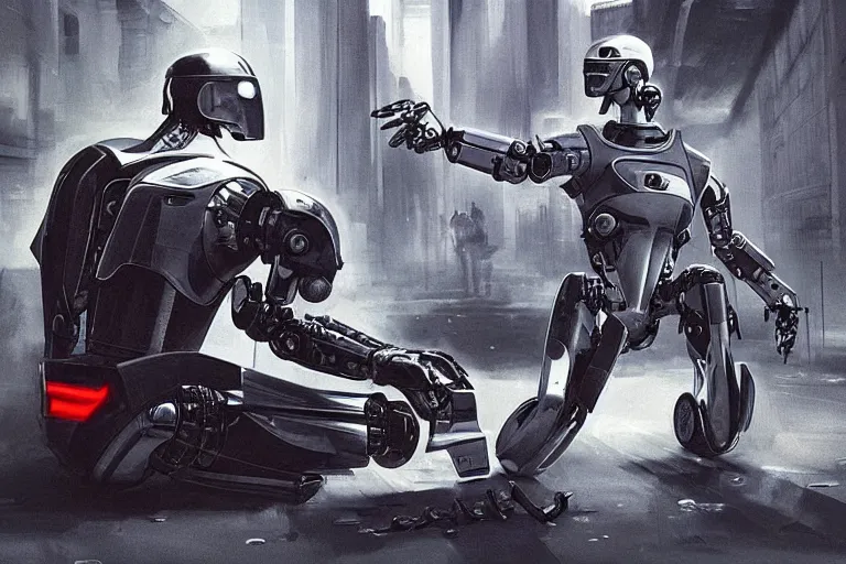 Image similar to modern day reimagining of an evil robocop terrorizing the public. concept art. realistic. cinematic.