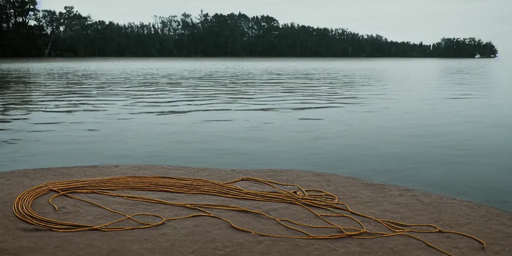 Prompt: centered photograph of a single line of thick big brown \ long rope floating on the surface stretching out to the center of the lake, a dark lake sandy shore on a cloudy day, color film, trees in the background, beach foreground, hyper - detailed kodak color film photo, anamorphic lens