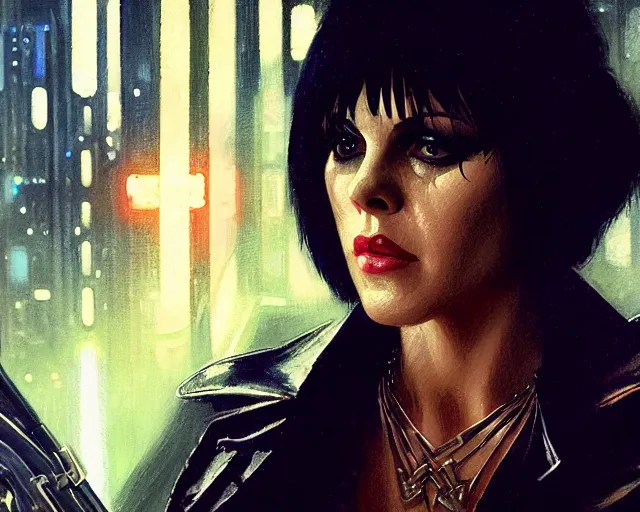 Image similar to a 4 k cinematic film screenshot still portrait of joan jett in blade runner, deep focus, d & d, fantasy, intricate, elegant, highly detailed, digital painting, artstation, concept art, matte, sharp focus, illustration, dark fantasy style art, hearthstone, art by artgerm and greg rutkowski and alphonse mucha