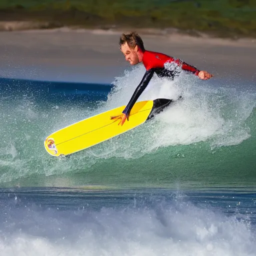 Image similar to a surfer using a snowboard to surf a wave, action photo