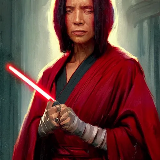 Image similar to portrait of a woman by greg rutkowski, jedi queen, half asian, black bob hair, star wars expanded universe, she is about 5 0 years old, wearing jedi red robes.