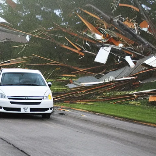 Prompt: white minivan driving away from a tornado, 4k, realism