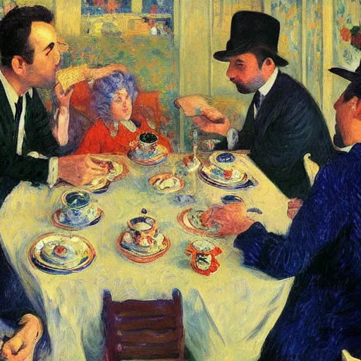 Prompt: seinfeld fancy tea party, digital art, illustration, highly detailed, warm color scheme, soft lighting, sharp focus, gustave caillebotte, pyotr konchalovsky