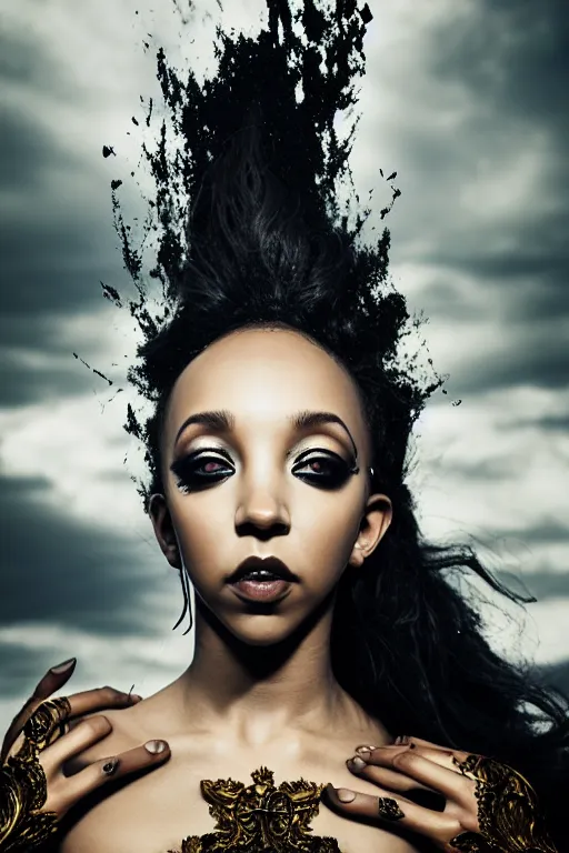 Prompt: photoshoot of tinashe as mysterious dark goddess of death, realism, clouds, swirling energy, torn fabric, elaborate ornate growth, gilded relief, volumetric lighting, light shafts, ambient light, trending on artstation, by alessio albi