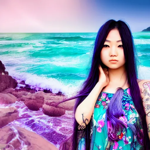 Prompt: beautiful asian girl with tattoo's and blue pink purple long hair looking in the camera with sea with big waves in the background, portrait, 8 k, digital art, detailed realistic eyes.