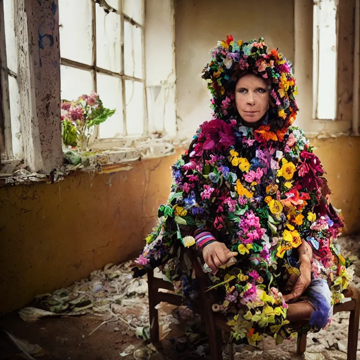 Image similar to closeup portrait of a woman with a hood made of flowers and rainbows, sitting in a chair in an abandoned house, by Annie Leibovitz and Steve McCurry, natural light, detailed face, CANON Eos C300, ƒ1.8, 35mm, 8K, medium-format print