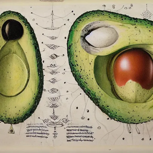 Image similar to a page from codex seraphinianus of blueprint of merging of emma watson with avocado