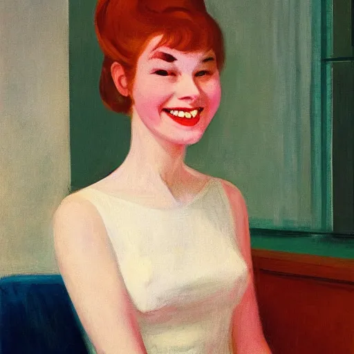 Prompt: representation of a young woman with a happy face in the year 1960 by Edward Hopper, an American realist painter