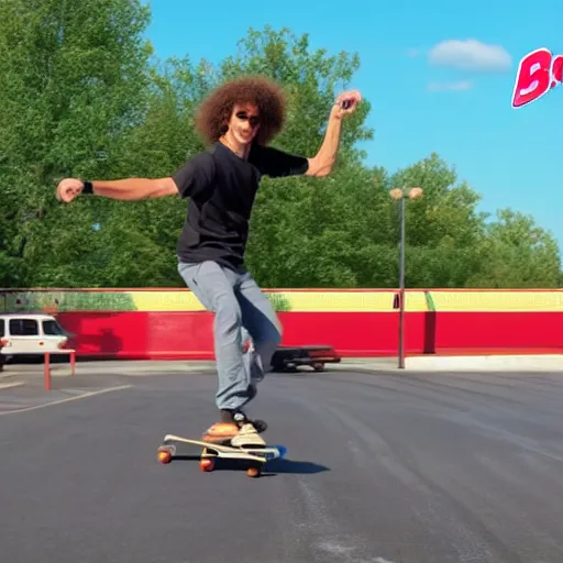 Image similar to kenny g skateboarding in a burger king parking lot, epic, cinematic, realism, ultra detailed, 8 k