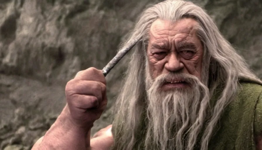 Image similar to the hulk starring as gandalf in lord of the rings, staff, white beard,, cnn news footage.