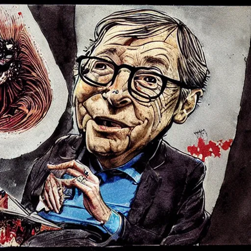 Image similar to bill gates holding a vaccine in his hand, body horror, by ralph steadman