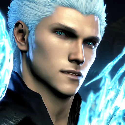 Image similar to Vergil, son of Sparda, beautiful, game screenshot, detailed face, aesthetic, realistic, soft lights, 2022 4k 60 fps