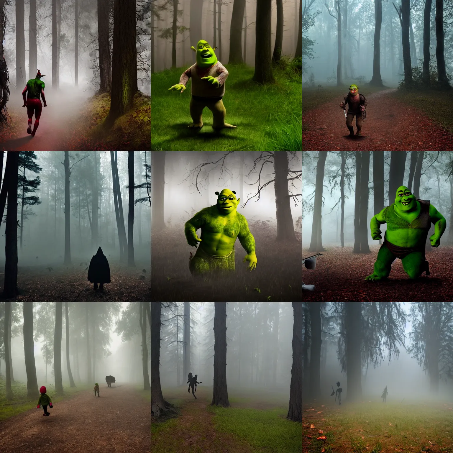 Prompt: Horror movie Shrek chasing campers blood dripping from fangs dark forest terrifying fog and mist