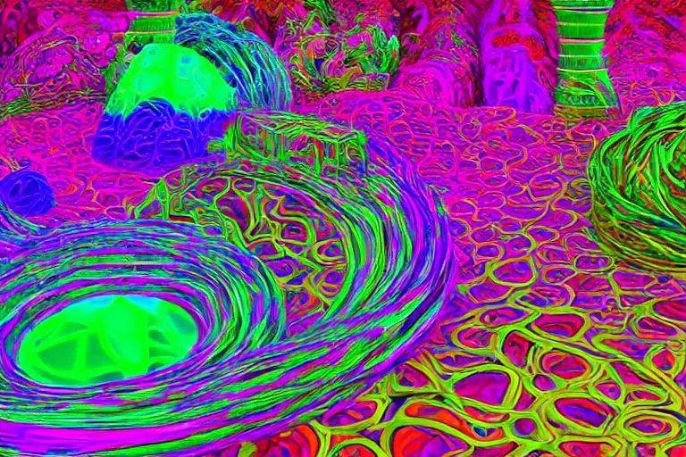 Prompt: a trippy illustration of interleaved pipes of multicoloured metallic plasticine fractals enclosed by a crystalline dome. dmt, machine elves, 8 k, octane render