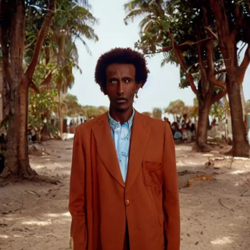 Image similar to a somali man with curly hair, in a movie still by wes anderson of a beautiful day on an island, visible magic energy, dream high fashion costumes, cinestill 8 0 0 t eastmancolor, high quality, heavy grain