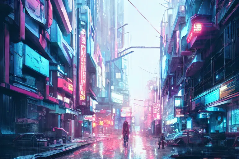 Image similar to cyberpunk street, by wlop, rain, poster, anime key visual, artstation