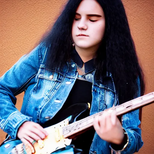 Prompt: 19-year-old girl with long shaggy black hair, wearing denim jacket and bell-bell-bottom jeans, playing electric guitar, stoner metal concert, heavy blues rock, doom metal, 30mm photography