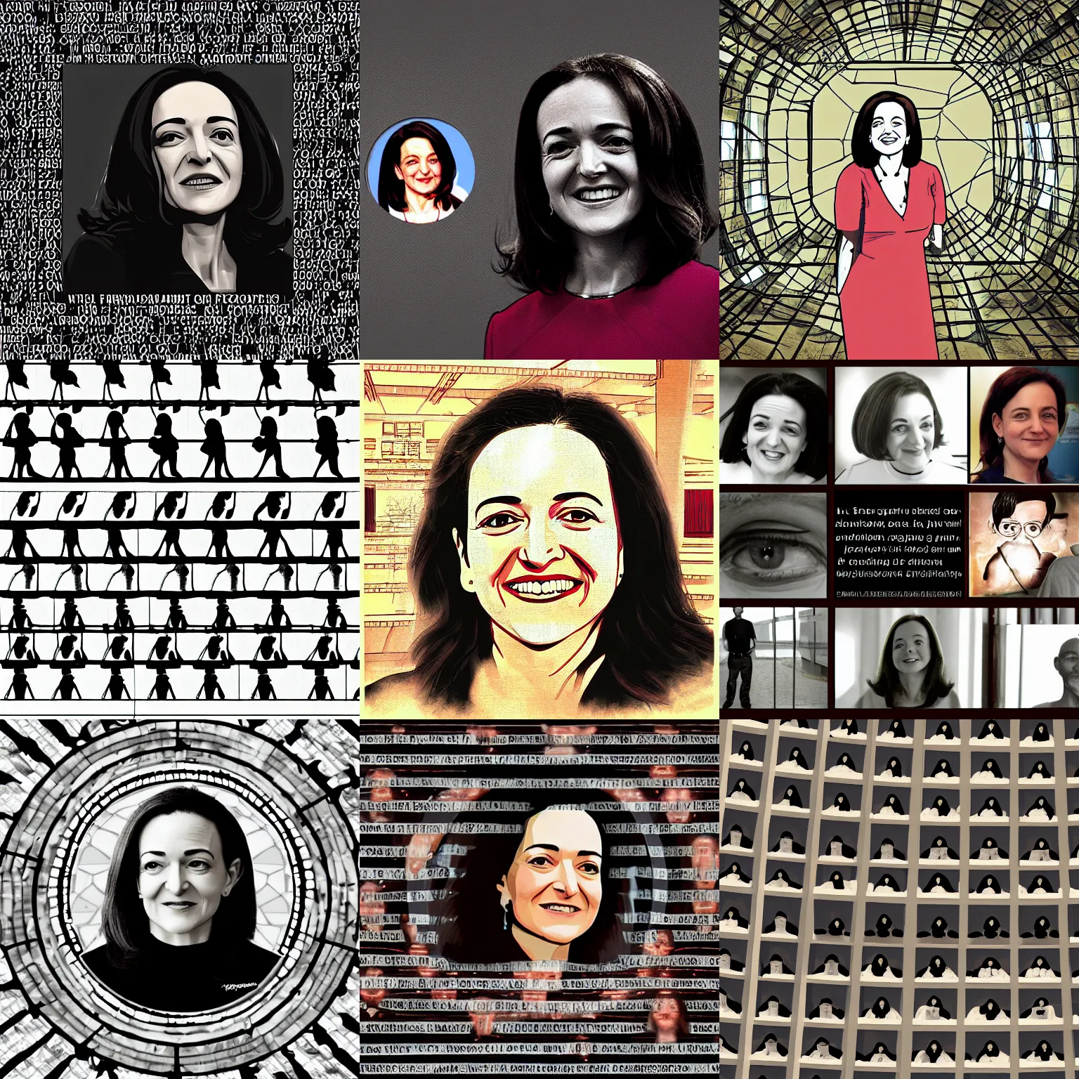 Prompt: Sheryl Sandberg watching over prisoners in The Panopticon, digital art