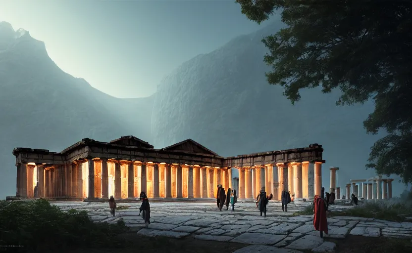 Image similar to exterior shot of utopian train station on in the middle of an ancient greek temple hill with cinematic lighting by peter zumthor and renzo piano, darek zabrocki and greg ruthkowski, simon stalenhag, cinematic, holy place, paradise, scifi, futurism, atmospheric, concept art, artstation, trending on artstation