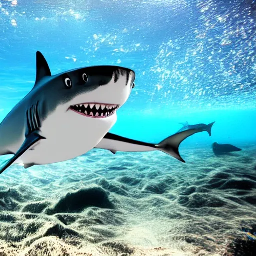 Image similar to a shark with markipliers face