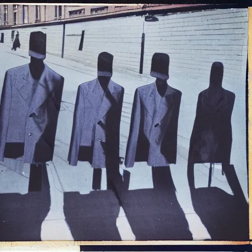 Image similar to wide-shot low-angle photo of empty!!! animated clothes (((heads))) walking down the street in New York, polaroid photo, by Andy Warhol, by Rene Magritte