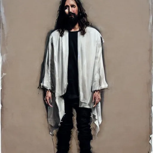 Image similar to a full body lookbook portrait of modern - day jesus wearing cream yeezy and fear of god menswear collection by nicola samori, detailed, oil painting, hyper - realistic, 8 k, yeezy collection