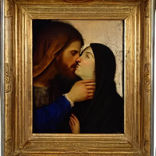 Image similar to an oil panting of a jesus kissing maria maddalena