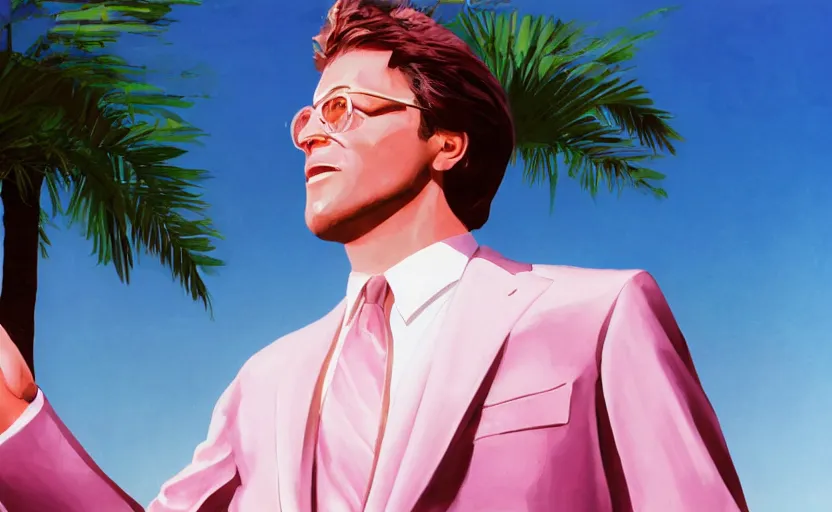 Prompt: photorealistic closeup on a yuppie with white suits and aviation glassen talking in a 8 0's cellphone. 8 0's style. palm trees and pink sky in the background